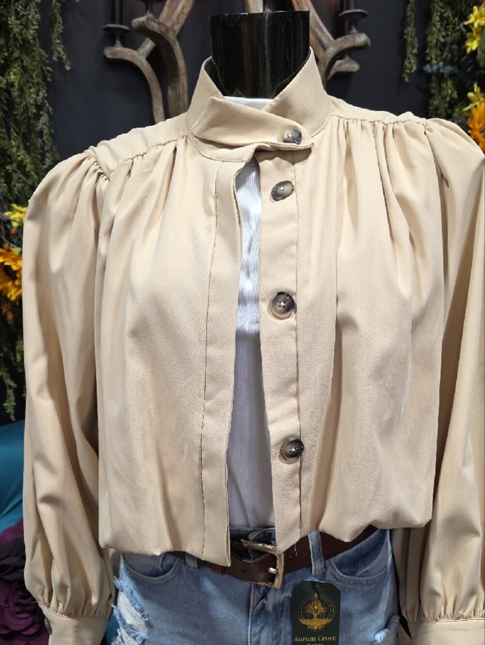 Light Tan Button Front High Neck Bubble Bottom Jacket / Blouse - Picture 6 of 11